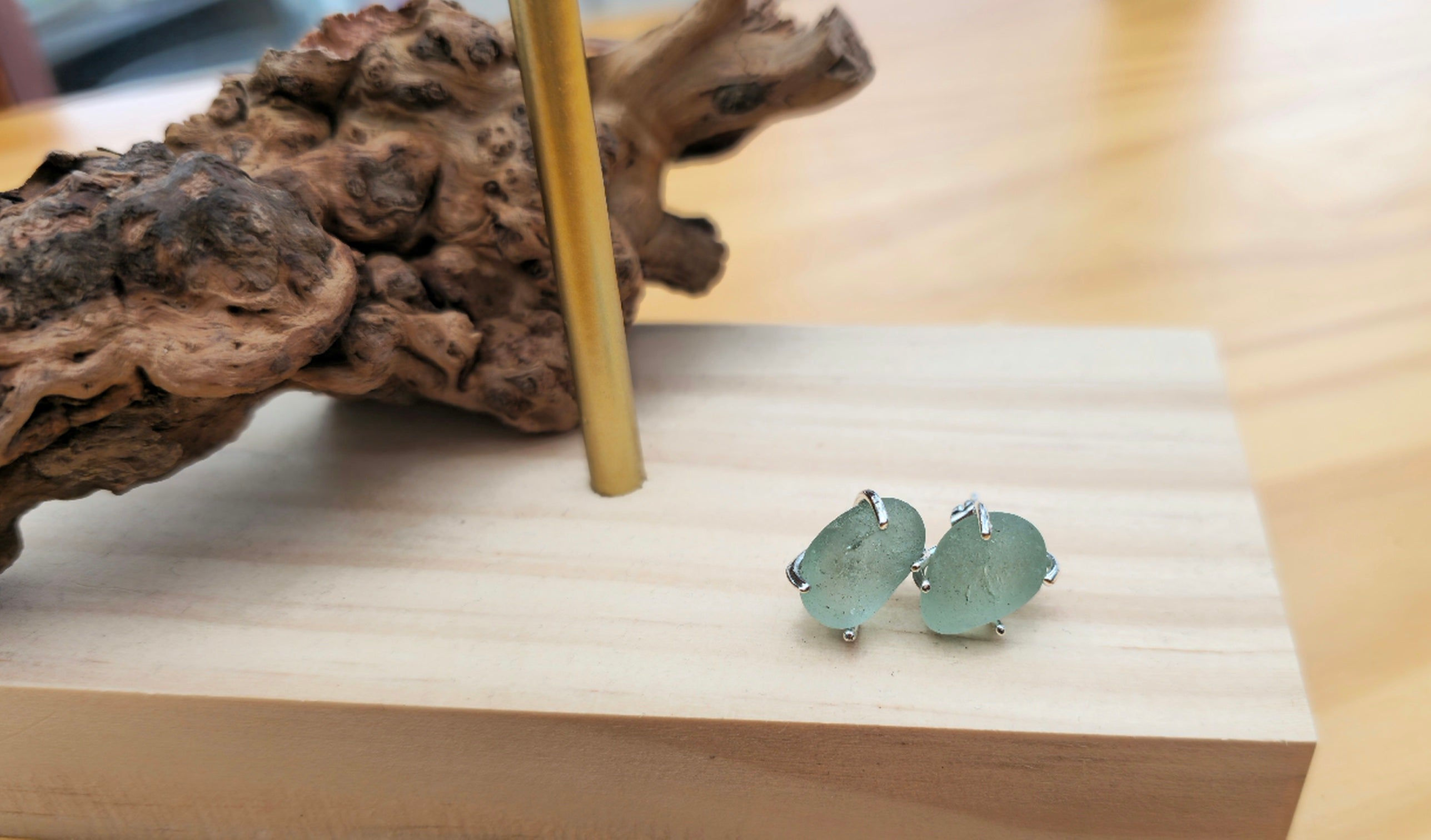 Seaham Aqua Blue Round Symmetrical Seaglass Stud Earrings - Sterling Silver