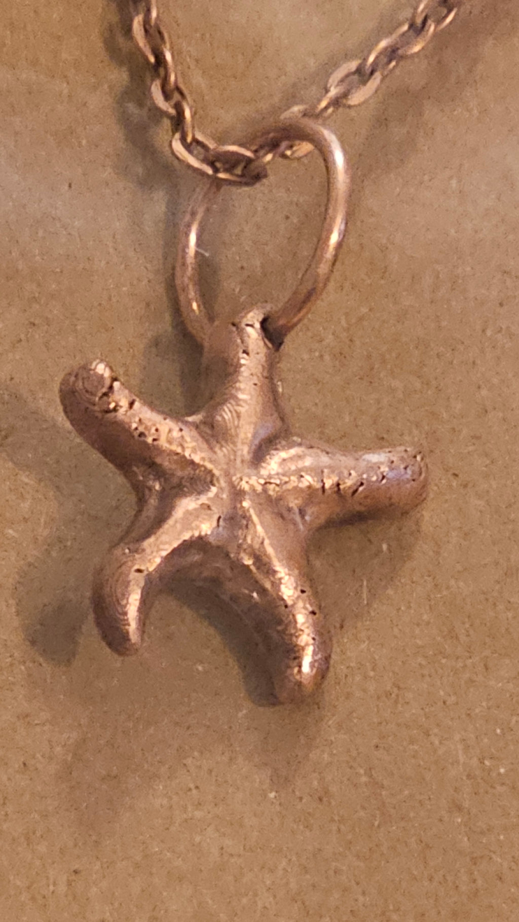 A zoom shot of a kiln sintered starfish pendant necklace on a matching chain, displayed on a neutral brown card surface.