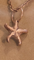 A zoom shot of a kiln sintered starfish pendant necklace on a matching chain, displayed on a neutral brown card surface.