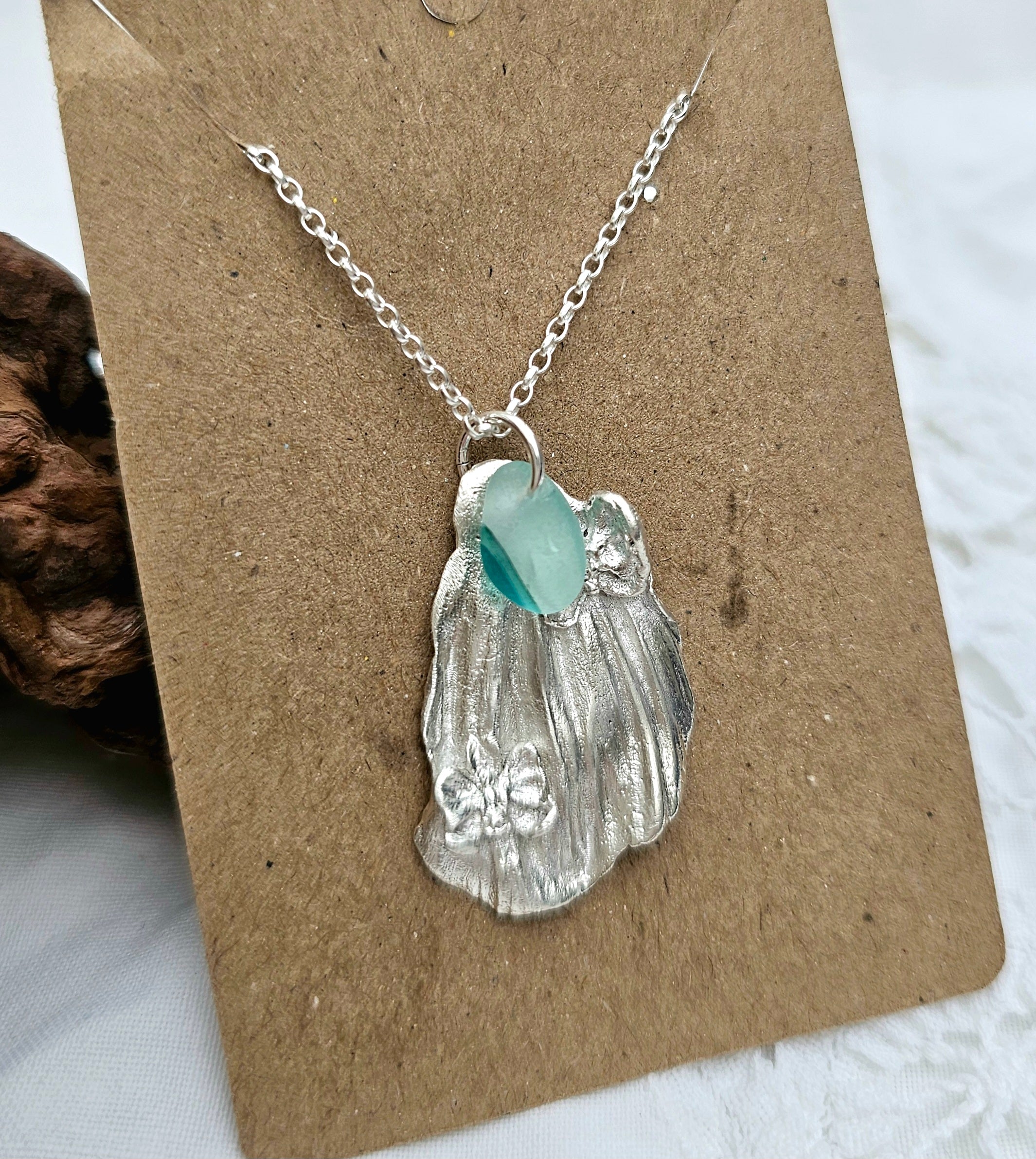 Handmade Orchid Petal Silver Pendant with Seaham Seaglass multi-colored glass