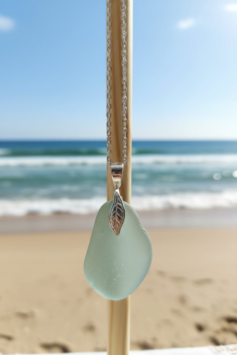 North East Sea Glass Pendants – Sterling Silver Chain and leaf bail