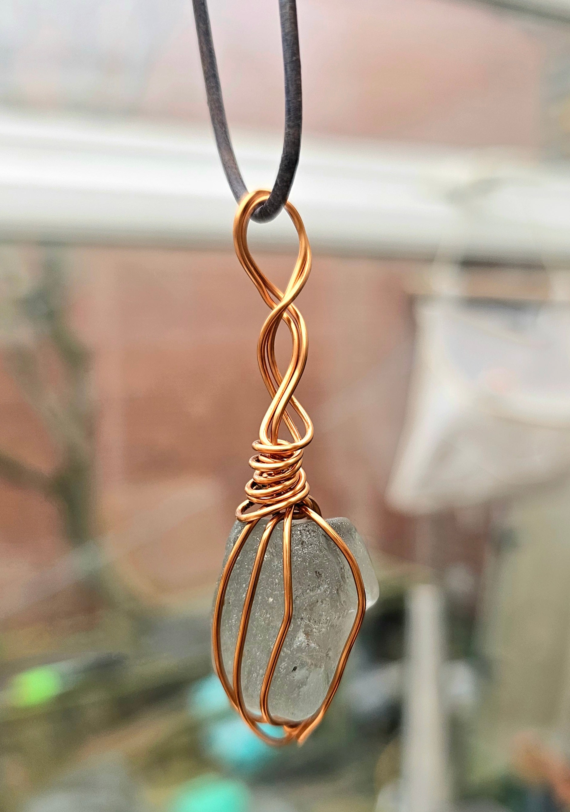 Copper wrapped bonfire seaglass necklace