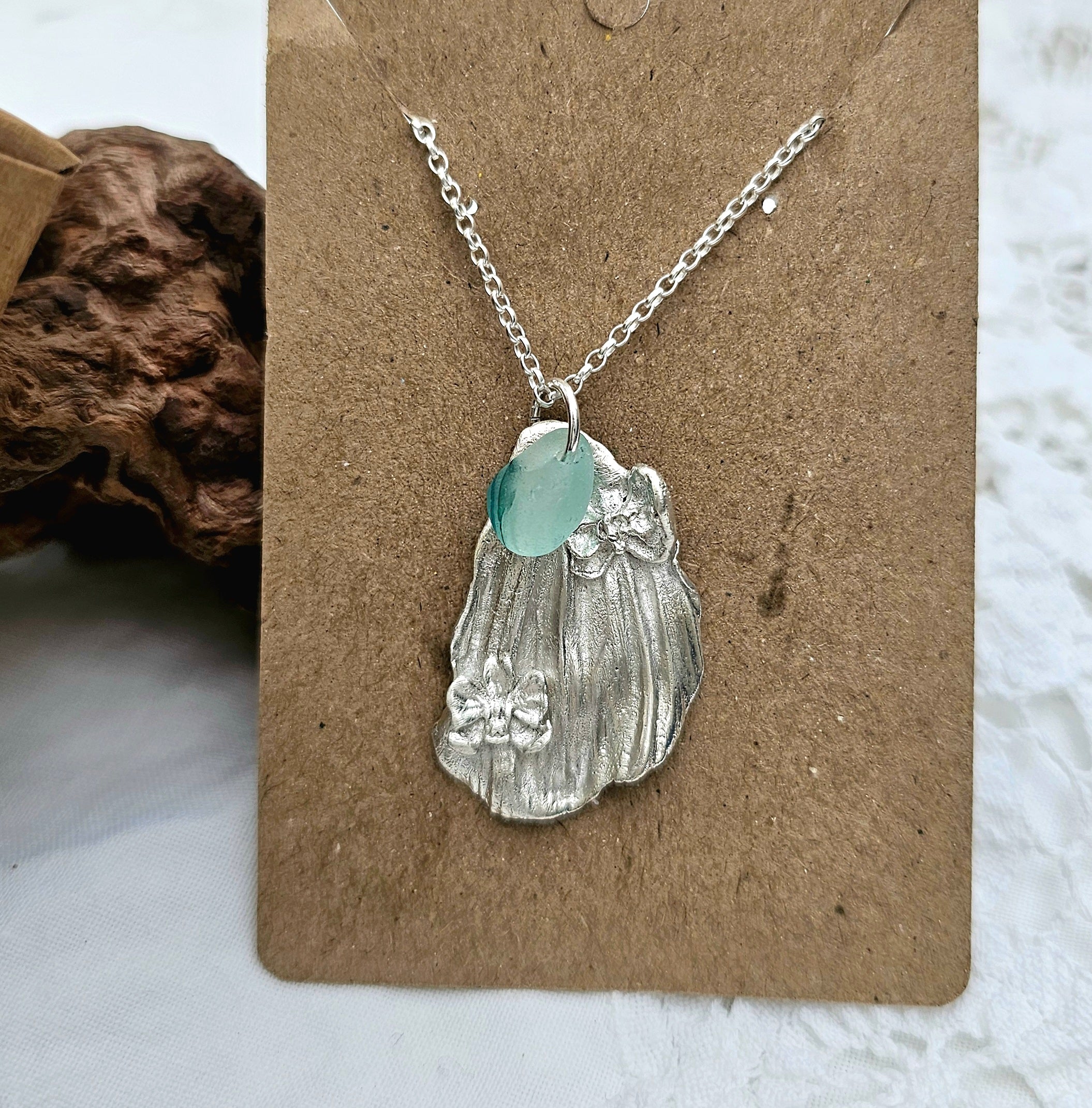 Handmade Orchid Petal Silver Pendant with Seaham Seaglass multi-colored glass