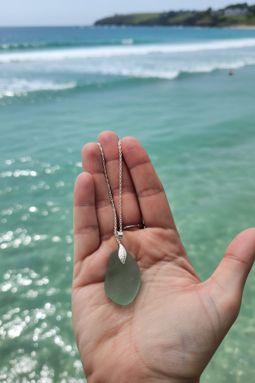 North East Sea Glass Pendants – Sterling Silver Chain and leaf bail
