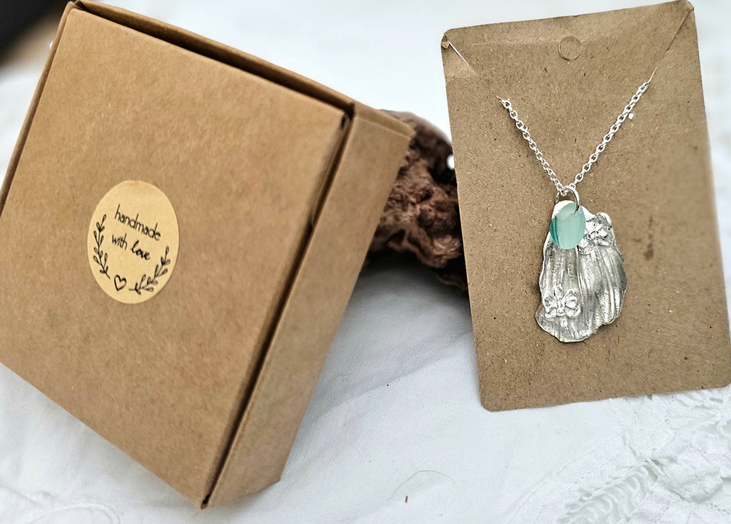 Handmade Orchid Petal Silver Pendant with Seaham Seaglass multi-colored glass