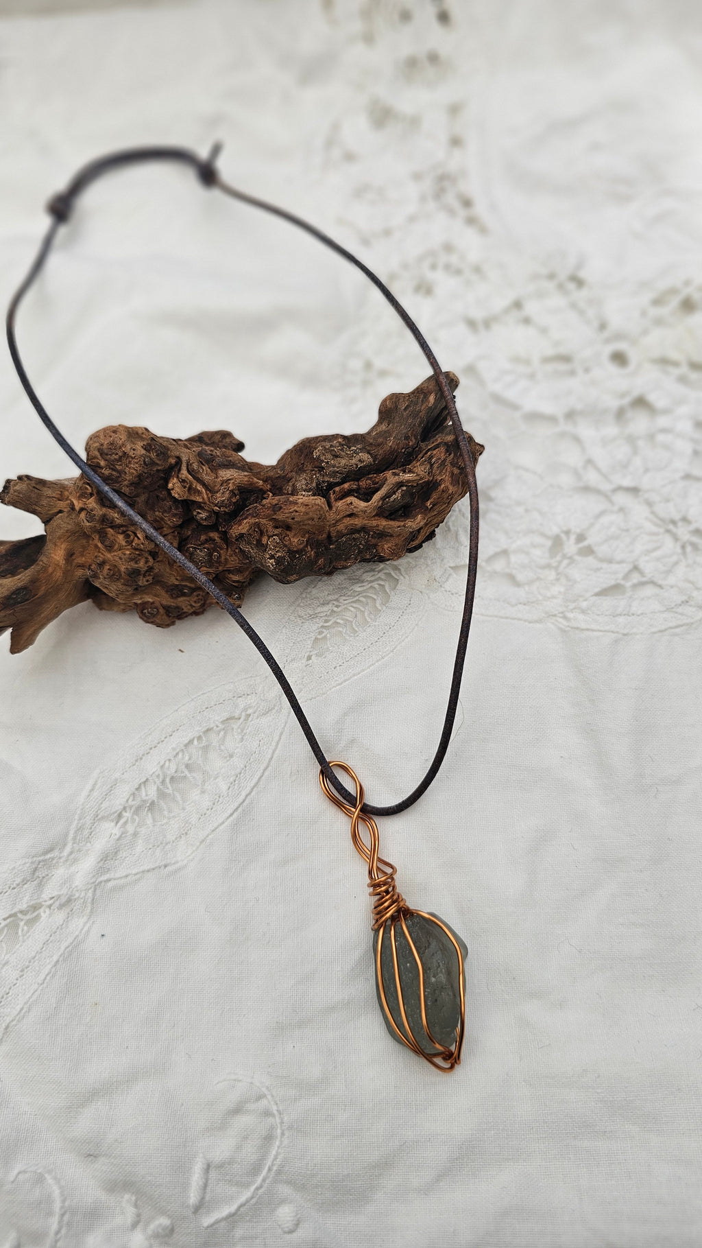 Copper wrapped bonfire seaglass necklace