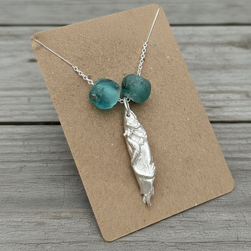 Fine silver mermaid pendant with silver chain and glass beads